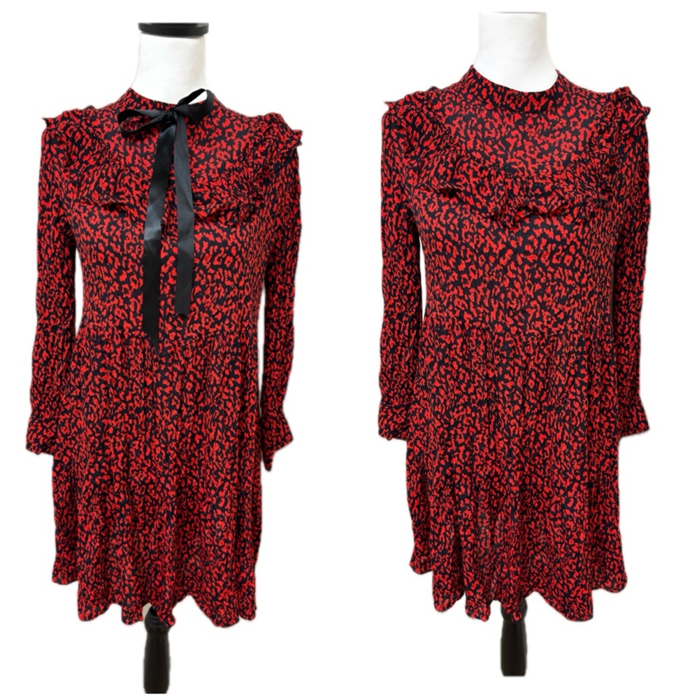 Zara dark Red Animal Print Tiered Ruffle Babydoll dress XS coquette lolita